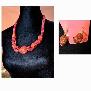 Red Coral Beaded Necklace and Earring Set
